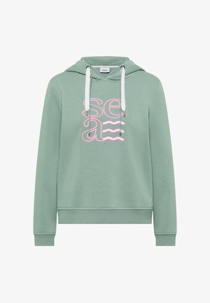 Sweat à capuche vert avec une impression frontale "sea" en rose. Comprend une capuche à cordon de serrage et des poignets et un ourlet côtelés. Confectionné dans un tissu doux.