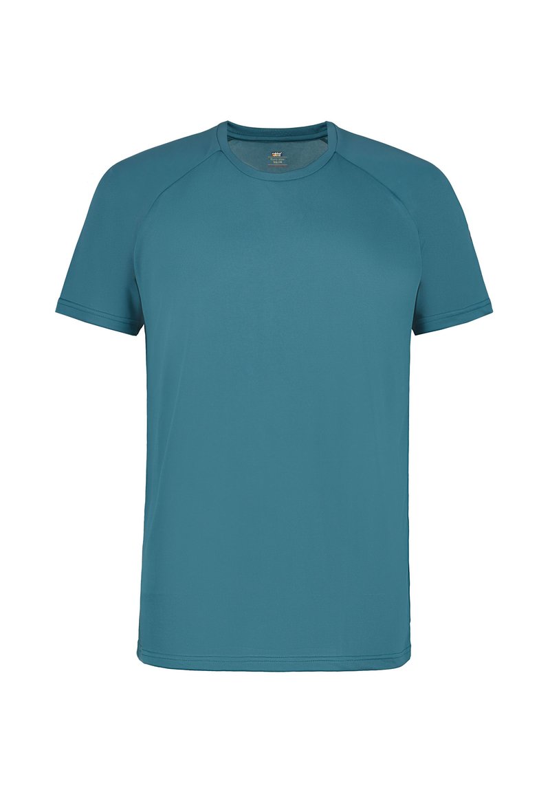 Kortärmad t-shirt med rund hals i teal, tillverkad av ett mjukt, lätt tyg med raglanärmar. Enkel design i en solid färg.