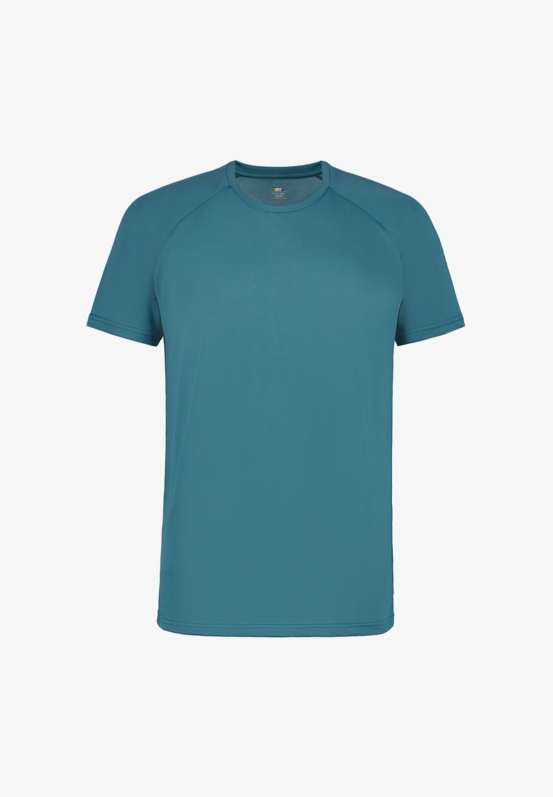 Kortärmad t-shirt med rund hals i teal, tillverkad av ett mjukt, lätt tyg med raglanärmar. Enkel design i en solid färg.