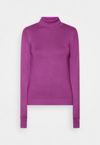 Pull à col roulé violet à manches longues avec poignets, encolure et ourlet côtelés, présenté sur un fond blanc uni.