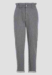 Randiga byxor i marinblått och vitt, med en rynkad midja, knäppning och uppvikta fållar. Tillverkade av bomull, avslappnad passform.