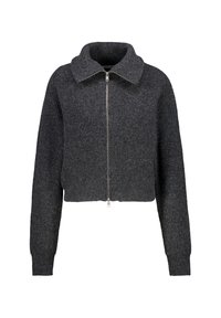 Suéter cortado de cremallera frontal en gris oscuro, con textura acanalada, cuello ancho y mangas largas. Fabricado con tejido de punto.