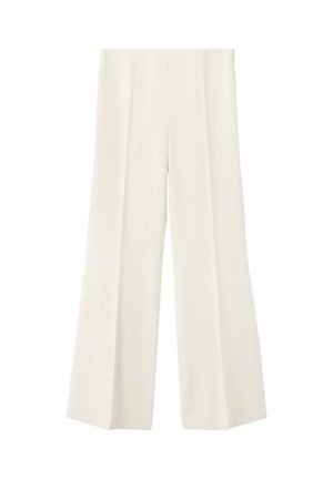 Pantalones de pierna ancha color crema con cintura alta y pliegues delanteros, mostrados sobre un fondo blanco liso.