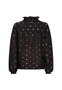 Top nero a maniche lunghe con colletto alto, caratterizzato da un colletto arricciato e pois metallici color oro rosa su tutto il tessuto. Tessuto morbido e leggero.