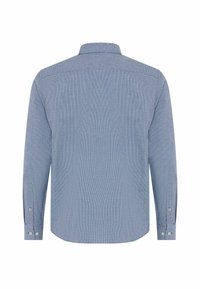 Camicia a maniche lunghe con polsini abbottonati, blu a scacchi, vista dal retro, con colletto classico e cuciture sartoriali.