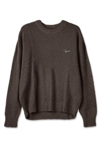 Puszysty ciemno-brązowy sweter o luźnym kroju, okrągłym dekolcie i ściśniętych mankietach. Zawiera małe białe logo po lewej stronie przodu.