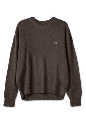 Zamotan tamnosmeđi džemper s opuštenim krojem, okruglim izrezom i rebrastim manžetama. Ima mali bijeli logo na prednjoj lijevoj strani.