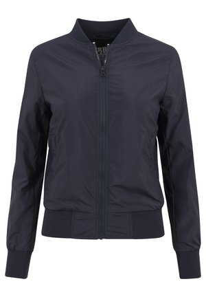 Navy blue bomber jacket made of lightweight, smooth fabric. Features a zip front, ribbed collar, and cuffed sleeves. Simple, minimal design.