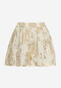 Shorts realizzati in un tessuto leggero, con motivi di coralli e stelle marine in paillettes dorate su uno sfondo crema, dotati di una cintura elastica.