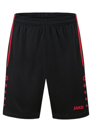 Zwarte sportshorts met een rode streep langs de zijkanten, met zakken en ronde rode accenten nabij de zoom. Logo weergegeven op de onderzijde rechts.