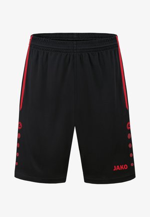 Pantalones cortos deportivos negros con una franja roja a lo largo de los lados, con bolsillos y acentos circulares rojos cerca del dobladillo. Logo mostrado en la parte inferior derecha.