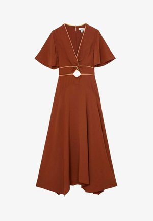 Midi-jurk in roestkleur met zwierige mouwen, V-hals, keyhole-uitgesneden taille en contrasterende lichte bies langs de halslijn en taille.