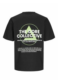 Black cotton t-shirt featuring bold white and green graphic text on the back, including a circular design and various text elements.