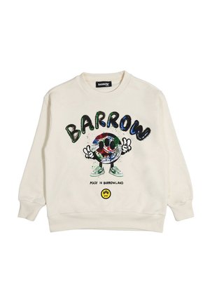 Felpa crema con faccina sorridente colorata che indossa sneakers, simboli di pace, scritta "BARROW" sopra e "Made in Barrowland" sotto.