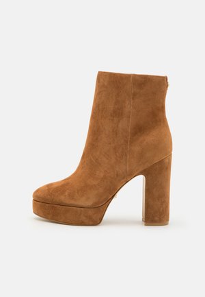 Stivale alla caviglia in suede marrone con alto tacco a blocco e suola platform. Presenta una texture liscia e un dettaglio con cerniera sul retro.