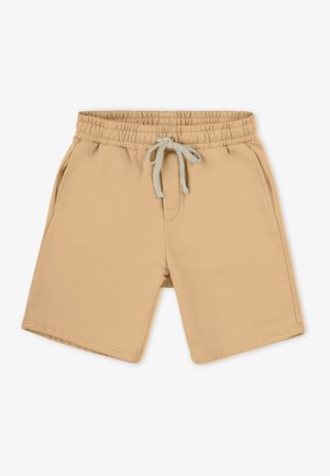 Pantalones cortos beige hechos de tela suave, con una cintura elástica con cordón, bolsillos laterales y una marca sutil en la pierna.
