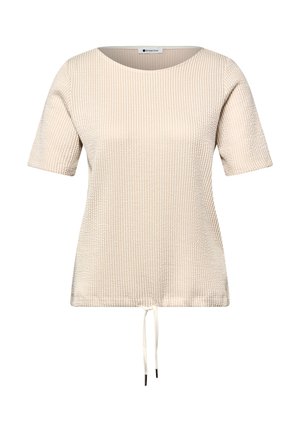 Camicia beige a maniche corte con trama, collo rotondo e coulisse regolabile all'orlo.