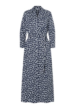 Robe chemise bleu marine à pois blancs, manches longues, boutonnée à l'avant, avec une ceinture assortie, confectionnée dans un tissu léger.