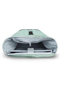 Borsa per laptop verde con motivo, apertura arrotondata, interno grigio, tasca con zip e divisori per l'organizzazione. Bordo rinforzato e tracolla.