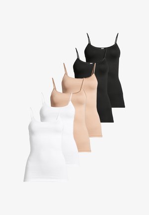 Ensemble de six camisoles sans coutures pour femmes avec fines bretelles en blanc, beige et noir, disposées en deux rangées superposées.