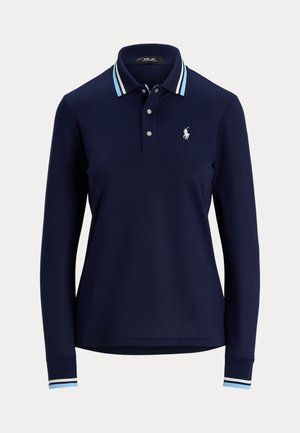 Navy long-sleeve polo shirt with a two-button placket, white logo, and light blue striped accents on the collar and cuffs.