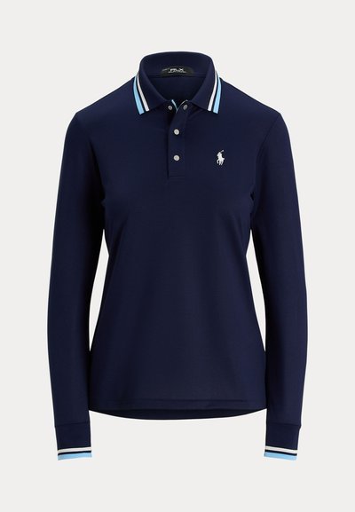 Navy long-sleeve polo shirt with a two-button placket, white logo, and light blue striped accents on the collar and cuffs.