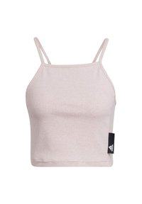Top corto de canalé rosa claro con finas tiras ajustables y etiqueta lateral que presenta un logo negro. Textura suave y diseño ajustado.