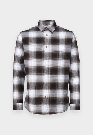 Camisa de manga longa xadrez com cores castanha, preta e branca, colarinho abotoado e botões castanhos em tecido macio.