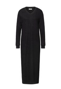 Schwarzes Langarmkleid mit V-Ausschnitt aus weichem Stoff. Es hat eine lockere Passform und gerippte Bündchen und reicht bis zur Mitte der Wade.