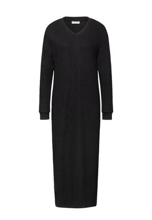 Vestido largo de manga larga negro con escote en V, hecho de tela suave. Presenta un ajuste holgado y puños acanalados, llegando hasta la mitad de la pantorrilla.