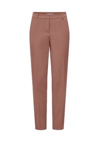 Bruna skräddarsydda byxor med rak bendesign, slät tygtextur och två framfickor, vilket ger en ren och modern silhuett.