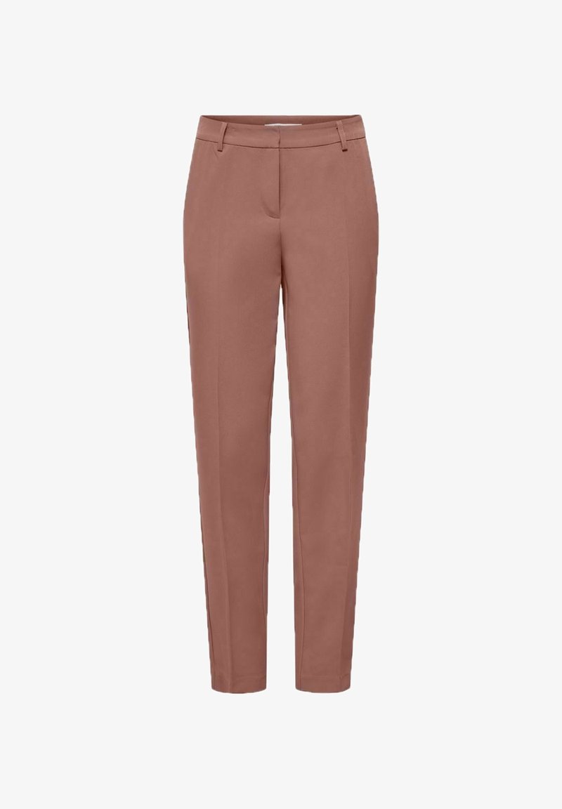 Bruna skräddarsydda byxor med rak bendesign, slät tygtextur och två framfickor, vilket ger en ren och modern silhuett.