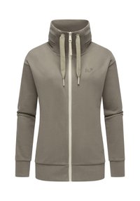 Gray zip-up sweatshirt with high collar, featuring two textured drawstrings and side pockets. Smooth fabric with ribbed cuffs and hem.