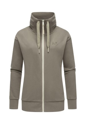 Grå zip-up hoodie med hög krage, med två texturerade dragsnören och sidofickor. Slät tyg med ribbade muddar och nederkant.