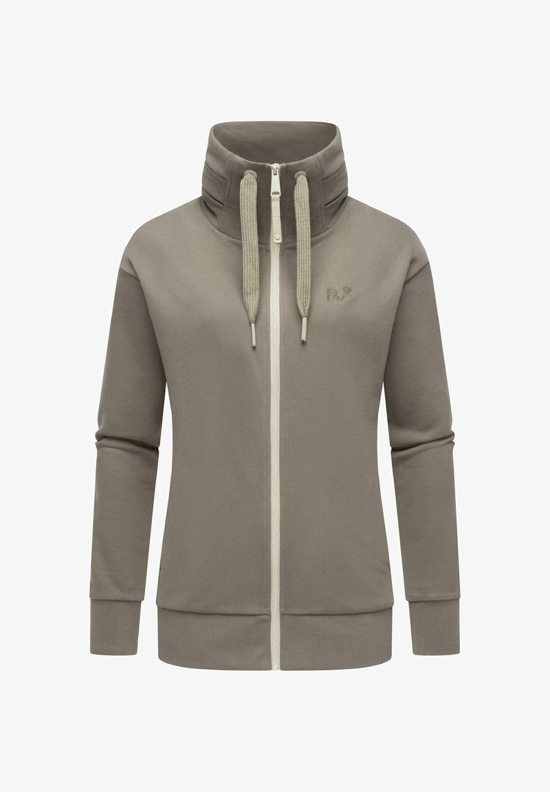 Gray zip-up sweatshirt with high collar, featuring two textured drawstrings and side pockets. Smooth fabric with ribbed cuffs and hem.