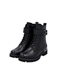 Bottines en cuir noir avec un laçage sur le devant, une sangle ajustable et un accent de boucle en argent. Semelle en caoutchouc épaisse pour une meilleure adhérence.