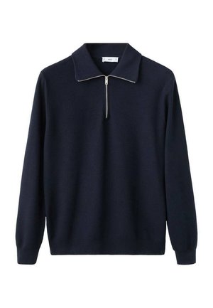 Navy blue pullover sweater with a half zip collar, long sleeves, and textured knit fabric. Features a subtle sheen on the zipper.