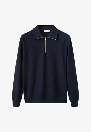 Navy blue pullover sweater with a half zip collar, long sleeves, and textured knit fabric. Features a subtle sheen on the zipper.