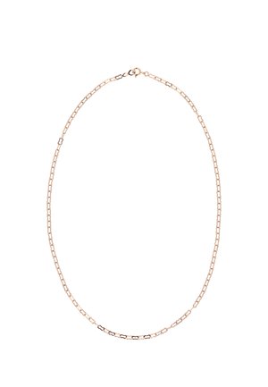 Rózsaarany színű láncnyaklánc téglalap alakú láncszemekkel és egy kis kerek kapoccsal, fehér háttéren.