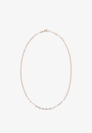 Halsketting van roségoud met rechthoekige schakels en een klein rond sluitinkje op een witte achtergrond.