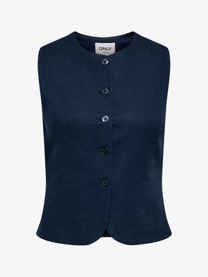 Veste bleu marine sans manches avec cinq boutons foncés sur le devant et un col rond, étiquetée "ONLY" à l'intérieur du col.