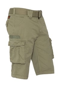 Pantaloni cargo kaki con cintura, numerose tasche laterali e dettagli cuciti. Realizzati in morbido tessuto di cotone leggero.