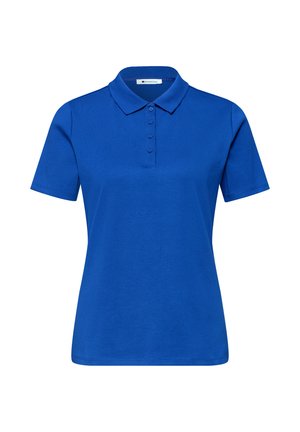 Polo bleu à manches courtes avec col, patte de boutonnage à quatre boutons et silhouette ajustée sur fond blanc.