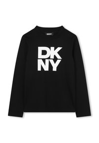 Schwarz langärmliges T-Shirt aus Baumwolle mit einem großen wei�ßen "DKNY"-Logo auf der Vorderseite. Glatte Textur mit einem Rundhalsausschnitt.