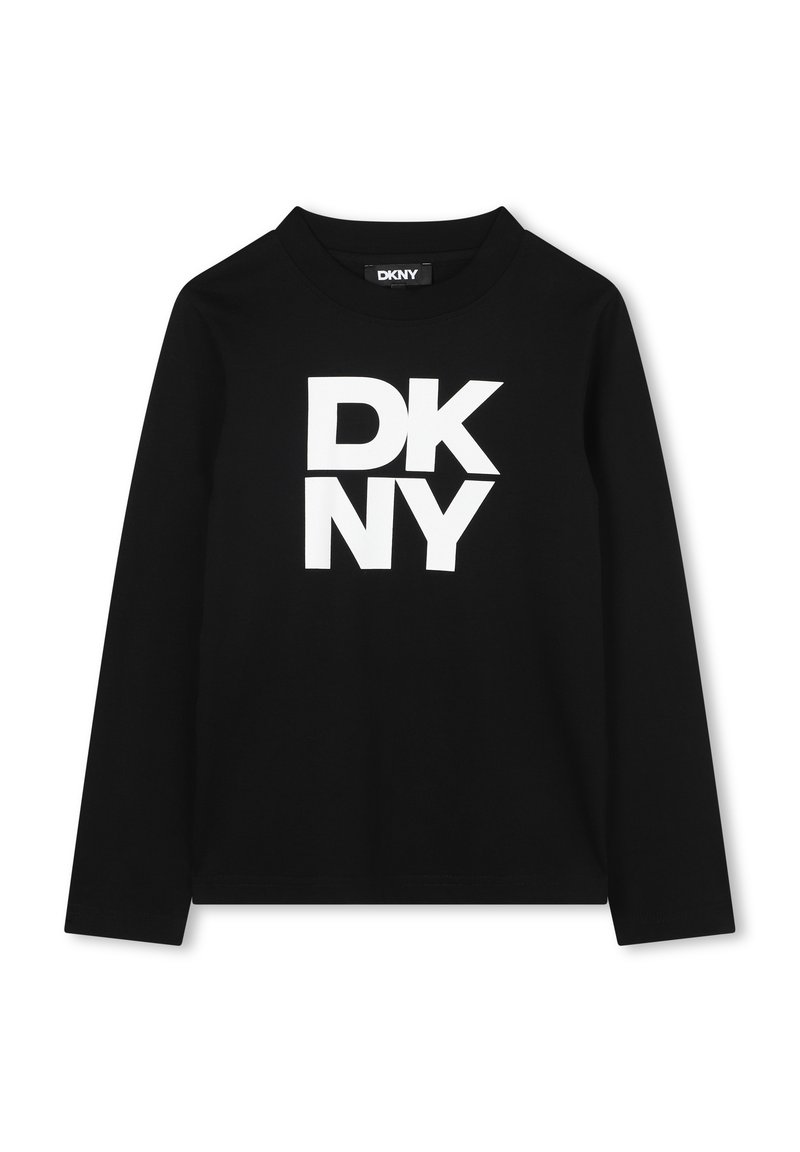 Schwarz langärmliges T-Shirt aus Baumwolle mit einem großen weißen "DKNY"-Logo auf der Vorderseite. Glatte Textur mit einem Rundhalsausschnitt.
