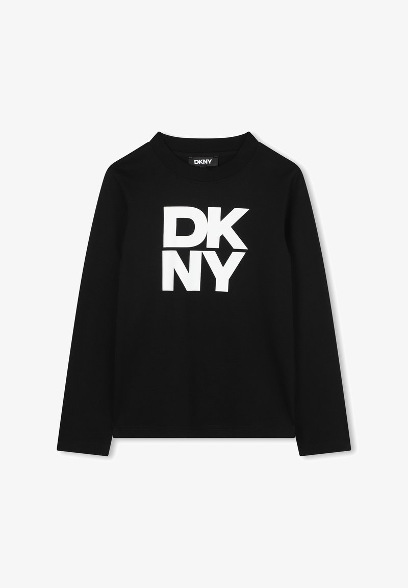 Czarna, długozjędzista koszula T-shirt z bawełny z dużym białym logo "DKNY" na przodzie. Gładka tekstura z okrągłym dekoltem.