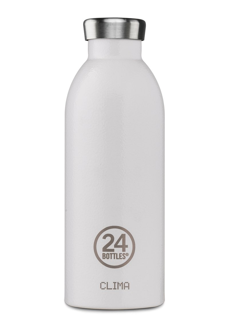 Bottiglia d'acqua in acciaio inossidabile bianco con forma arrotondata, cappuccio metallico argento e un logo che recita "24 BOTTLES CLIMA" sul fronte.