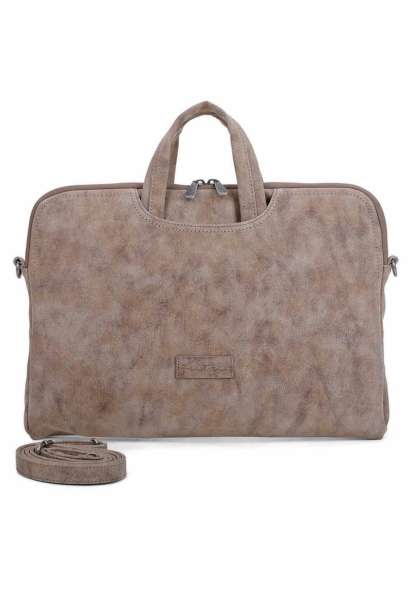 Brun faux lædertaske med en glat tekstur, dobbelte top hanke, en aftagelig skulderrem og en lynlåslukning. Har et minimalistisk logo-patch.