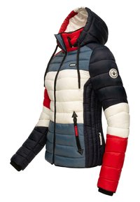 Prošívaná bunda s kapucí, která má barevný design v námořnické modři, červené, bílé a světle modré. Obsahuje kapsu na zip a žebrované manžety.