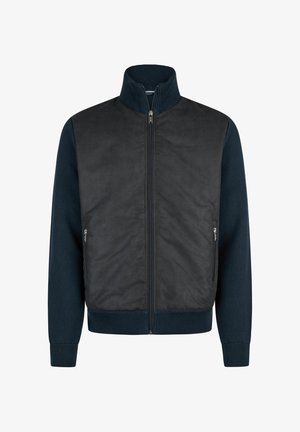 Veste bomber bleu marine foncé avec un devant en tissu lisse et des manches en tricot côtelé, dotée d'un col haut et d'une fermeture éclair. Deux poches latérales.